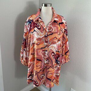 Cynthia Rowley Top Womens Plus 3X Button Up Blouse Swirl Print Long Sleeve Shirt